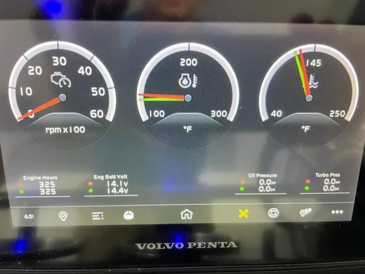 Nauti Dog II Yacht Photos Pics Volvo Penta engine dashboard on a 2021 Formula 40 PC boat displaying RPM, temperature, and pressure gauges.