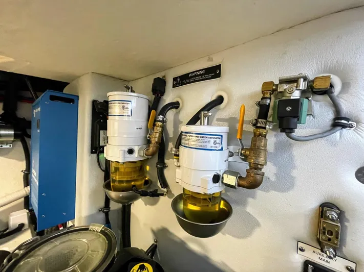 Nauti Dog II Yacht Photos Pics Engine room of 2021 Formula 40 PC with fuel filters and mechanical components.