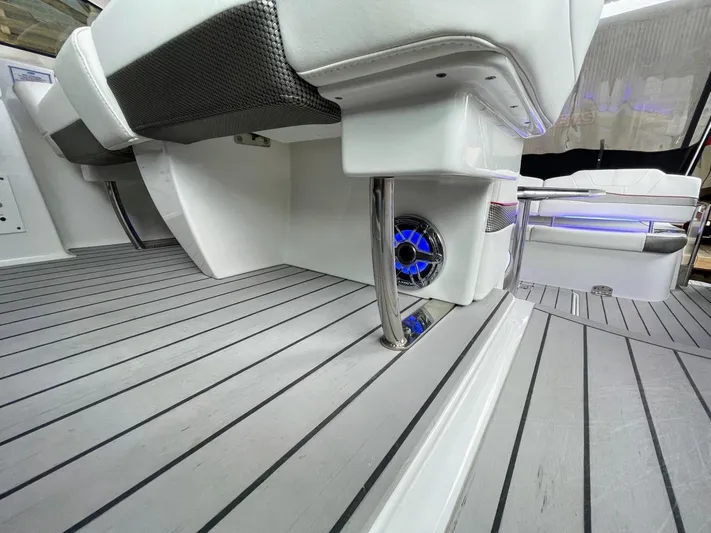 Nauti Dog II Yacht Photos Pics Interior of a 2021 Formula 40 PC boat with modern seating and blue LED lighting.