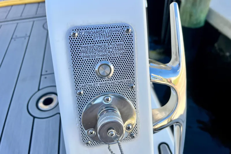  Yacht Photos Pics Outboard flushing system on 2024 Beneteau Antares 11 boat deck.