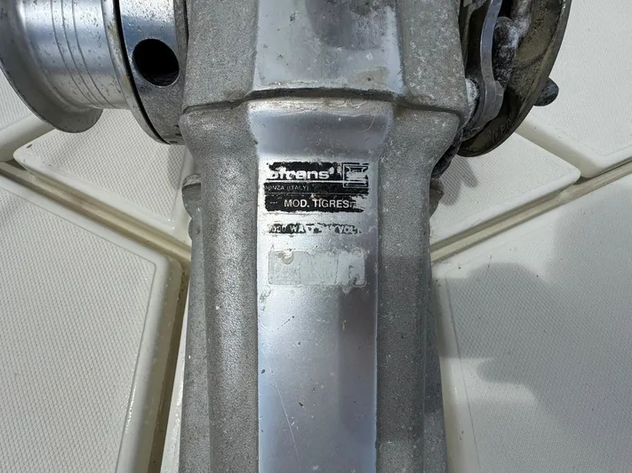 Northern Goose Yacht Photos Pics Close-up of a vintage Amel Mango 52 boat component, featuring a worn label.