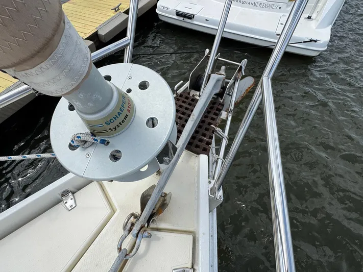 Northern Goose Yacht Photos Pics Bow of 1980 Amel Mango 52 sailboat with anchor and Schaefer System 3100.