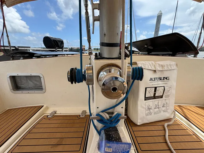 Northern Goose Yacht Photos Pics Cockpit of 1980 Amel Mango 52 sailboat with Lifesling and winch.