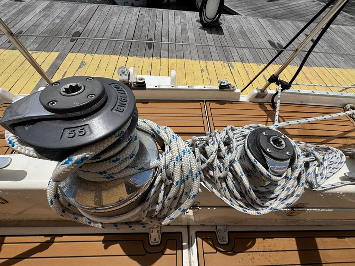 Northern Goose Yacht Photos Pics Winches and ropes on 1980 Amel Mango 52 sailboat deck.
