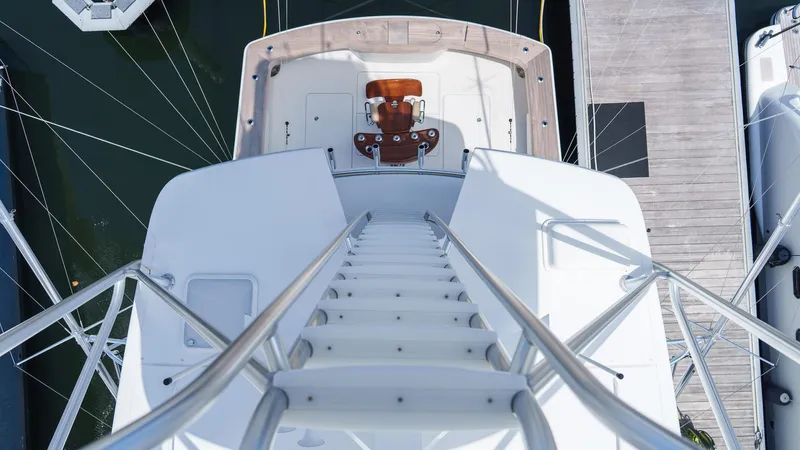 Benedetta Yacht Photos Pics Aerial view of 2012 Viking 70 Enclosed Bridge yacht deck and ladder.