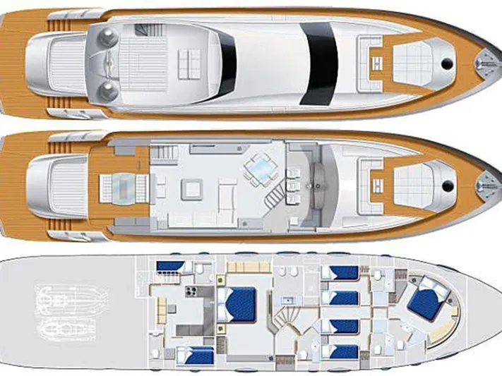  Yacht Photos Pics Floor plan of 2012 Pershing 92 yacht, showcasing three levels with detailed room layouts.
