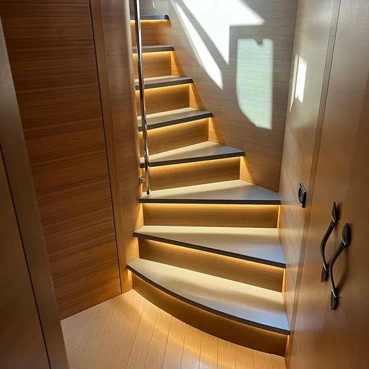  Yacht Photos Pics Curved wooden staircase with ambient lighting on a 2012 Pershing 92 yacht.