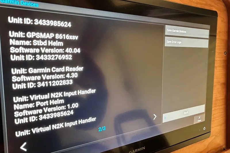 Esc Key Yacht Photos Pics Garmin device screen displaying software versions and IDs