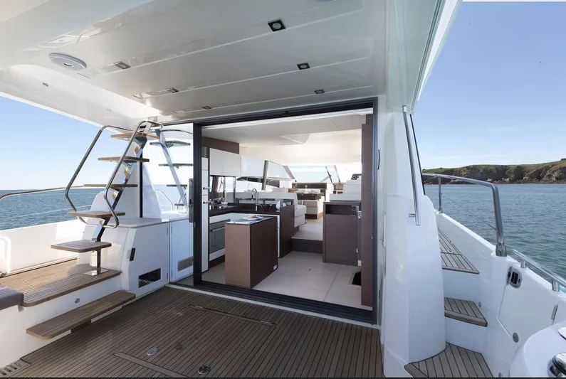 Aura Yacht Photos Pics 2018 Prestige 520 yacht interior with open deck and modern design.