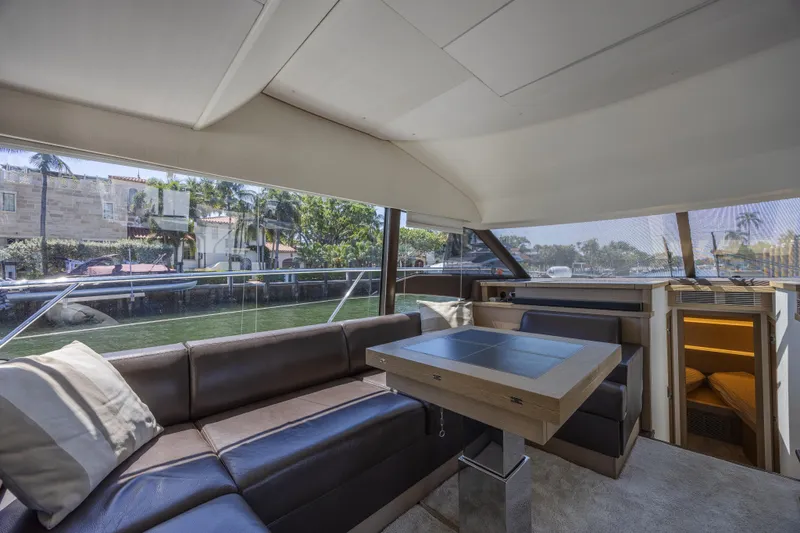 Aura Yacht Photos Pics Luxurious interior of 2018 Prestige 520 yacht with leather seating and modern table.