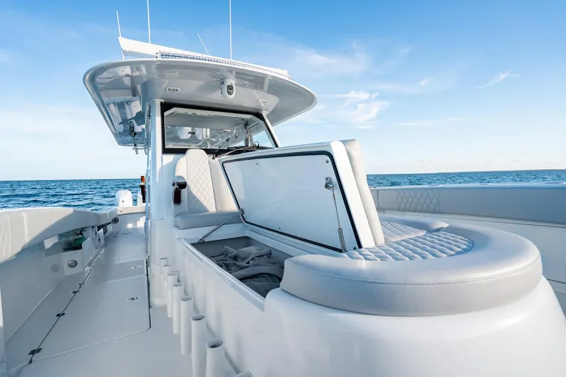  Yacht Photos Pics 2023 Freeman 43 boat interior with open storage, ocean view, and clear sky.