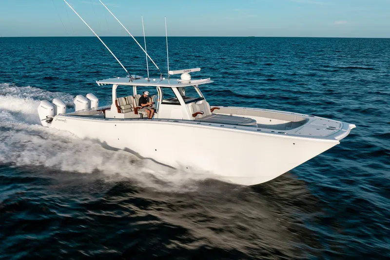  Yacht Photos Pics 2023 Freeman 43 boat cruising on open ocean waters.