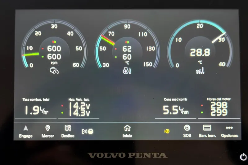 2024 Fairline Targa 50 Open @ Cancun Yacht Photos Pics Dashboard display of 2024 Fairline Targa 50 Open, showing engine metrics and fuel consumption.