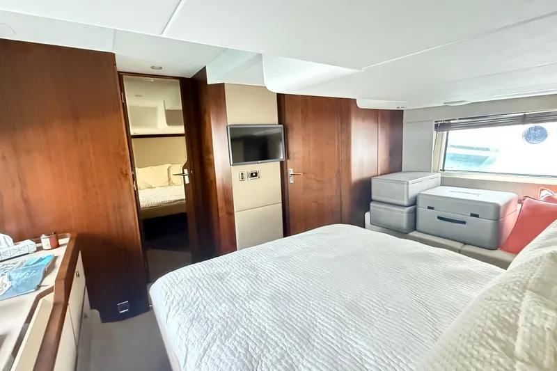 2024 Fairline Targa 50 Open @ Cancun Yacht Photos Pics Luxurious cabin interior of 2024 Fairline Targa 50 Open yacht, featuring elegant wood finishes.