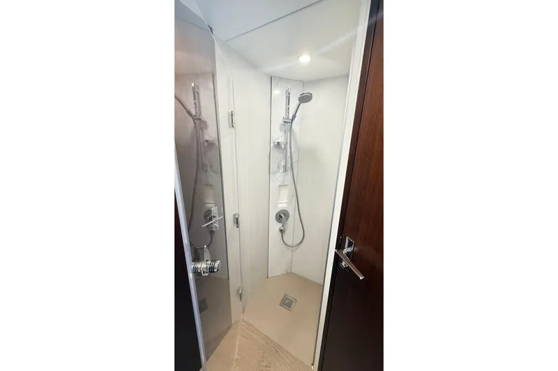 2024 Fairline Targa 50 Open @ Cancun Yacht Photos Pics Shower area in 2024 Fairline Targa 50 Open yacht, featuring modern fixtures and sleek design.