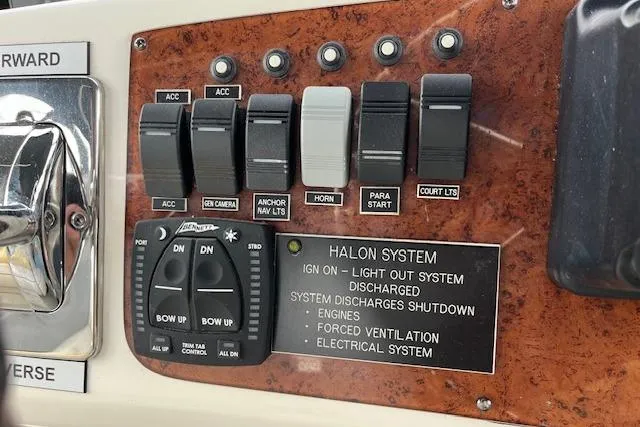  Yacht Photos Pics Control panel of a 2008 Silverton 38 Sport Bridge with switches and Halon system.
