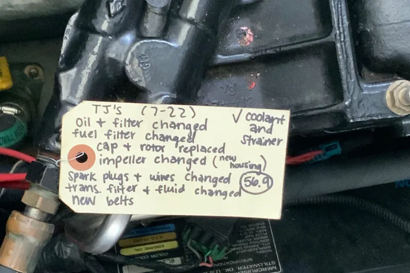 Lou Alice Yacht Photos Pics Maintenance note on a 2000 Sea Ray Sundancer engine detailing recent service updates.