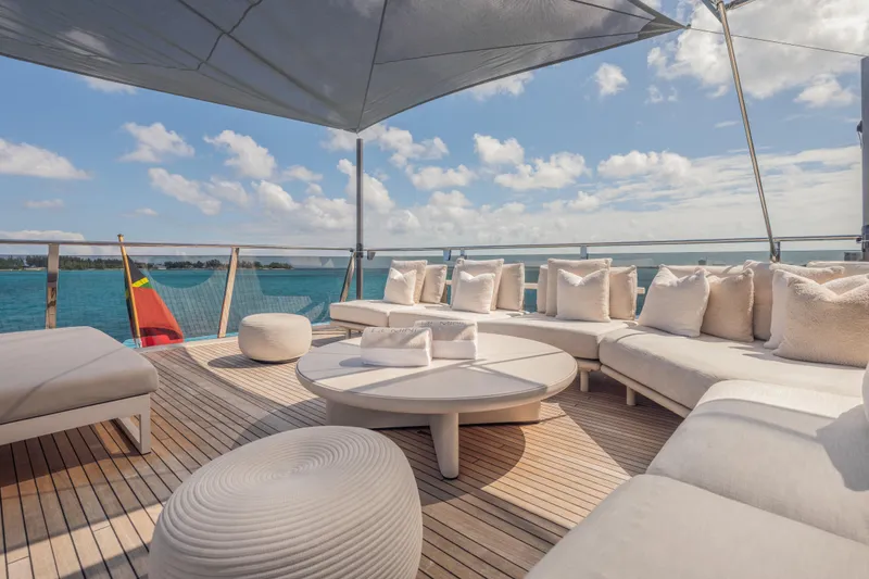 Gemini Yacht Photos Pics Luxurious deck of 2023 Princess X95 yacht with elegant seating and ocean view.