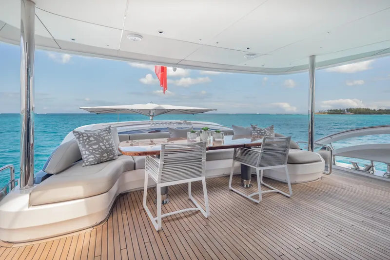 Gemini Yacht Photos Pics Luxurious 2023 Princess X95 yacht deck with elegant seating and ocean view.