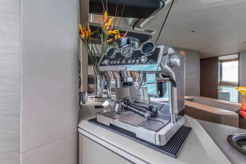 Gemini Yacht Photos Pics Luxury espresso machine on 2023 Princess X95 yacht interior.