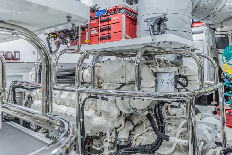 Gemini Yacht Photos Pics Engine room of 2023 Princess X95 yacht with advanced machinery and equipment.