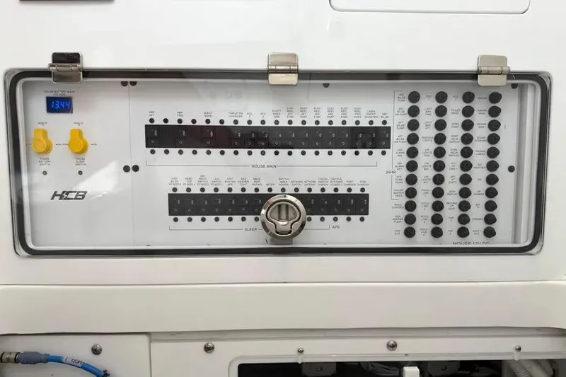  Yacht Photos Pics Control panel of 2025 HCB 48 Campeon boat with switches and digital display.