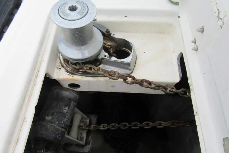 Pippin Yacht Photos Pics Anchor windlass system on a 2001 Catana 471 sailboat, featuring a chain mechanism.
