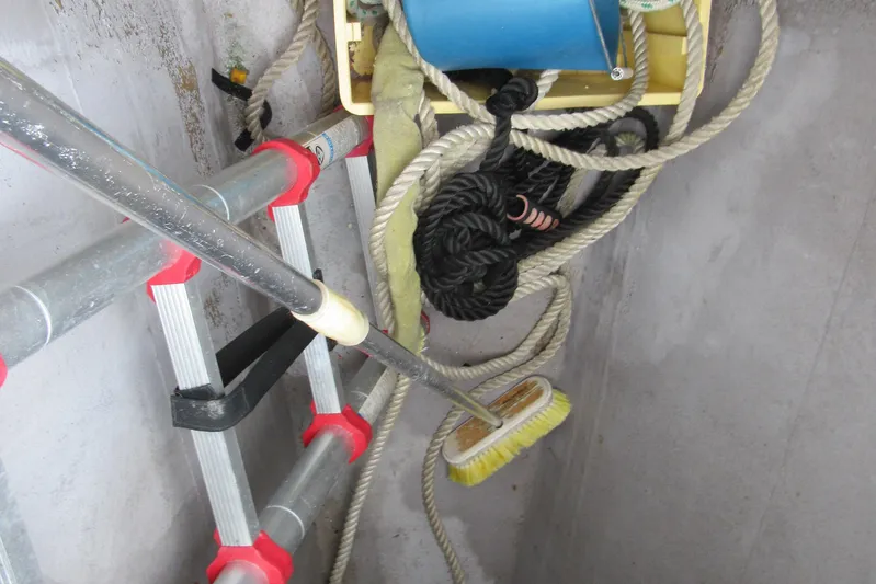 Pippin Yacht Photos Pics Ladder and ropes in Catana 471 sailboat storage, 2001 model.