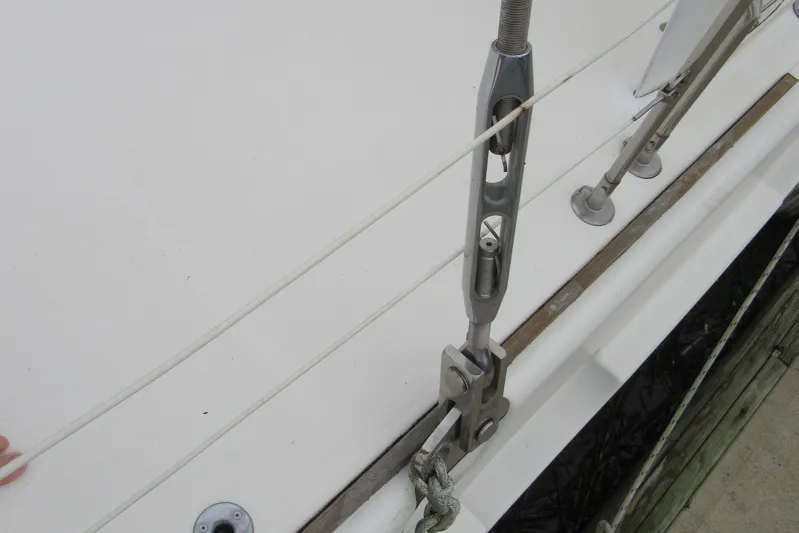 Pippin Yacht Photos Pics Close-up of Catana 471 sailboat rigging, showcasing deck fittings and tensioning hardware, 2001 model.
