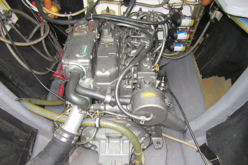 Pippin Yacht Photos Pics Engine compartment of a 2001 Catana 471, showcasing detailed mechanical components.