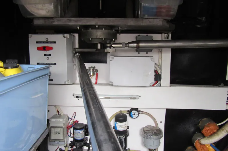 Pippin Yacht Photos Pics Engine compartment of a 2001 Catana 471, featuring mechanical and electrical components.