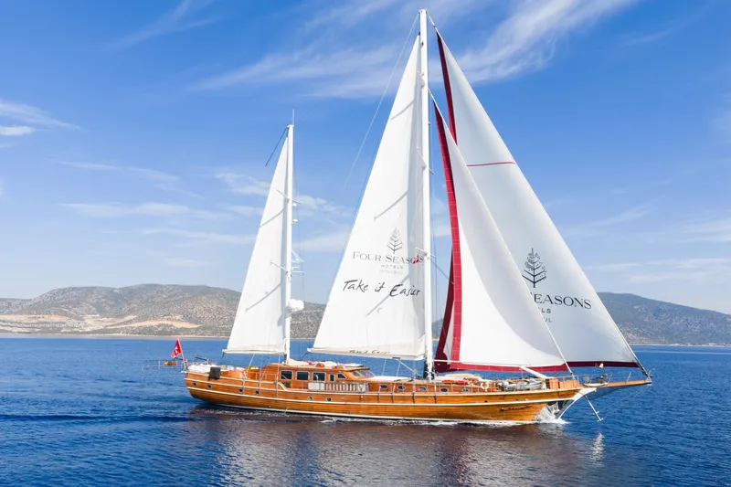 Take It Easier Yacht Photos Pics Custom 2007 Gulet Motorsailer sailing on blue sea under clear sky.