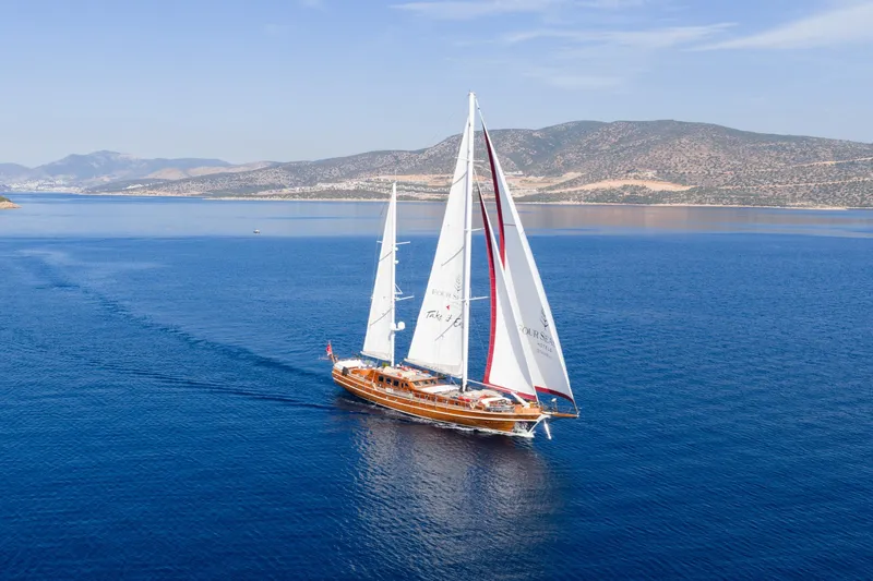Take It Easier Yacht Photos Pics Custom 2007 Gulet Motorsailer sailing on clear blue sea with scenic mountain backdrop.