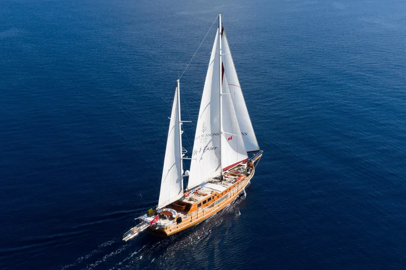 Take It Easier Yacht Photos Pics Custom 2007 Gulet Motorsailer sailing on calm blue sea, aerial view.