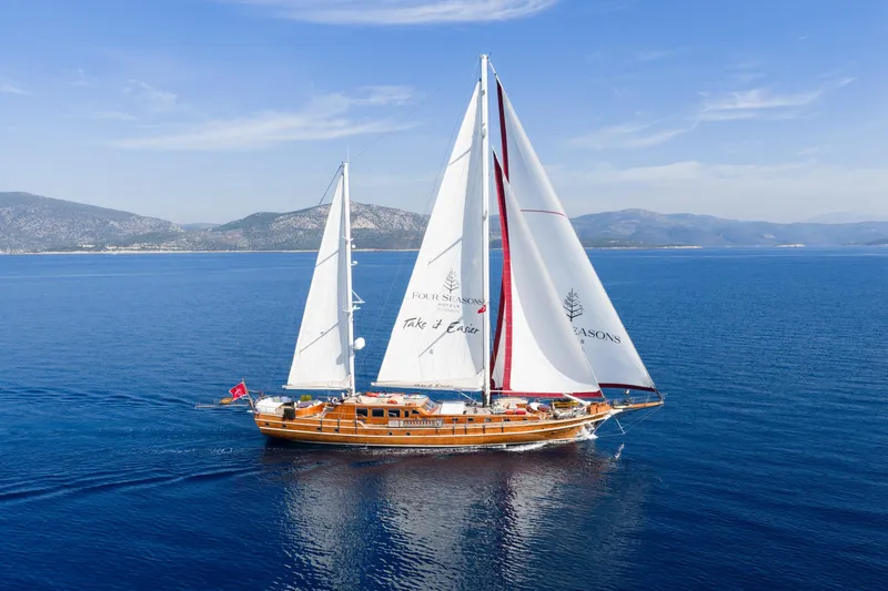 Take It Easier Yacht Photos Pics Custom 2007 Gulet Motorsailer sailing on calm blue waters with scenic mountain backdrop.