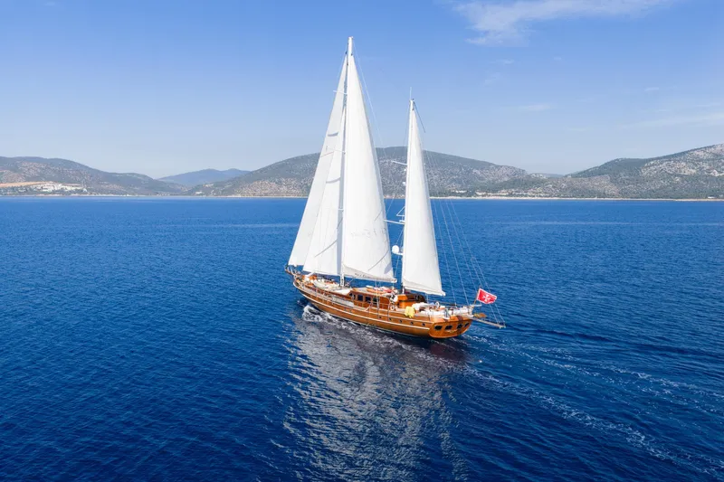 Take It Easier Yacht Photos Pics Custom 2007 Gulet Motorsailer sailing on blue sea with scenic coastal backdrop.