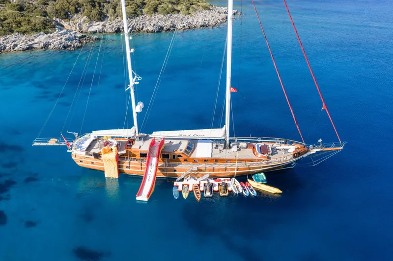Take It Easier Yacht Photos Pics Custom 2007 Gulet Motorsailer with water slide and kayaks in clear blue sea.