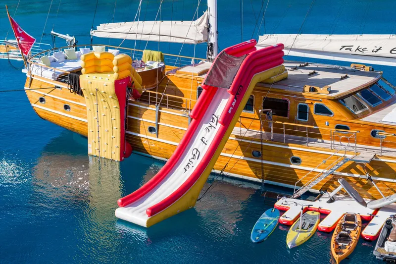 Take It Easier Yacht Photos Pics Custom 2007 Gulet Motorsailer with inflatable slide and kayaks on clear blue water.