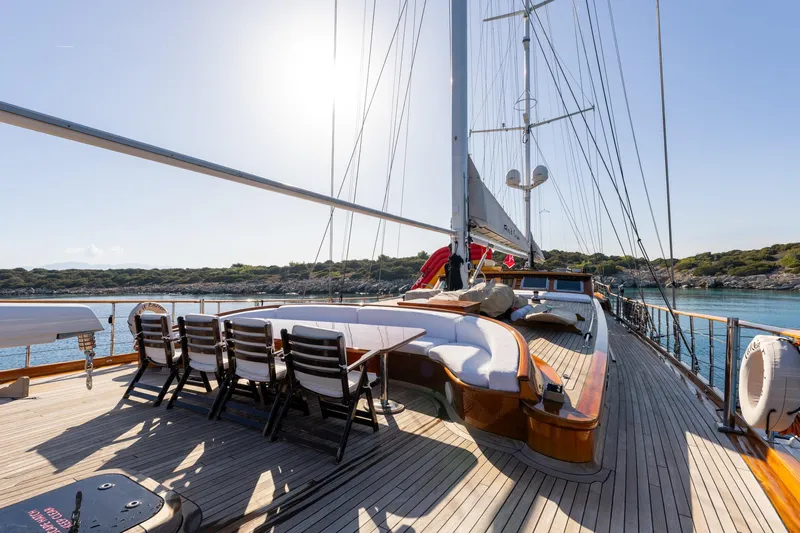 Take It Easier Yacht Photos Pics Luxurious 2007 Custom Gulet Motorsailer deck with seating, dining area, and scenic ocean view.