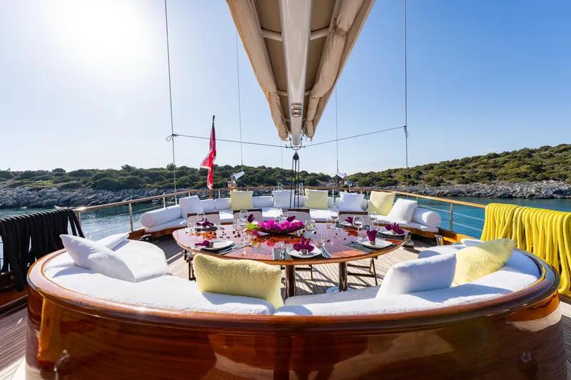 Take It Easier Yacht Photos Pics Luxurious 2007 Custom Gulet Motorsailer deck with elegant seating and scenic ocean view.