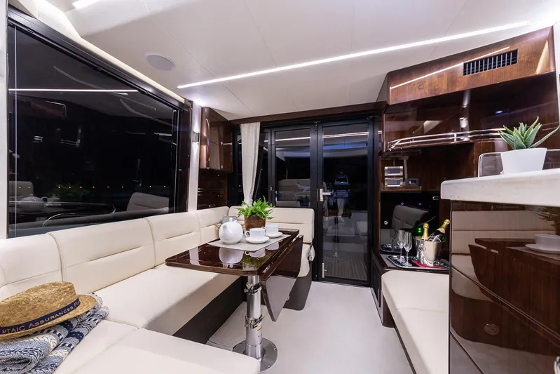  Yacht Photos Pics Luxurious interior of 2024 Galeon 400 Fly yacht with elegant seating and modern decor.