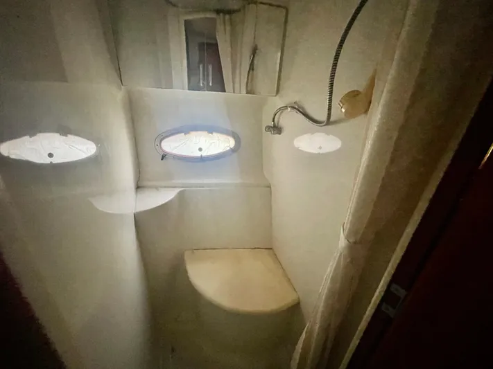 Sudden Comfort Yacht Photos Pics Compact bathroom in 2001 Carver 444 Cockpit Motor Yacht with shower and porthole.