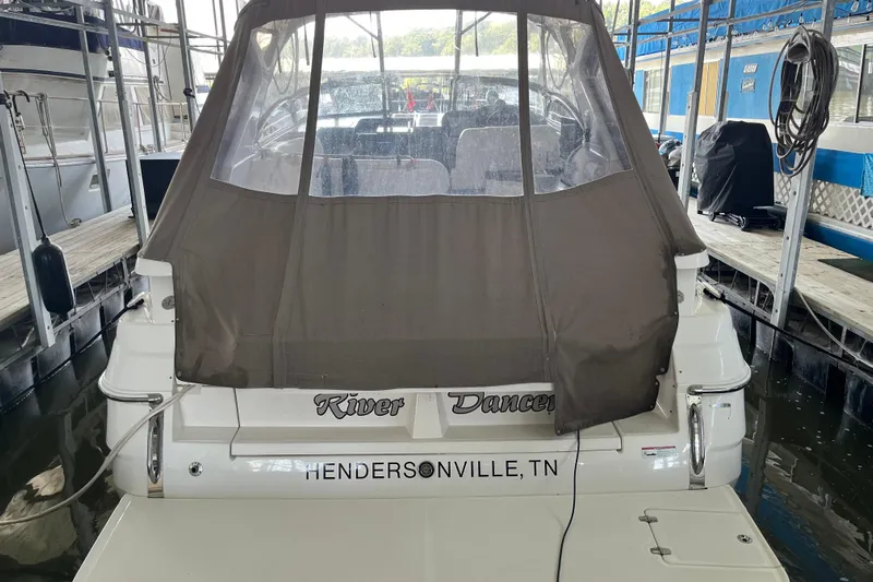 River Dancer Yacht Photos Pics 2007 Regal 3760 IB COMMODORE boat docked, covered, with "River Dancer" name, Hendersonville, TN.