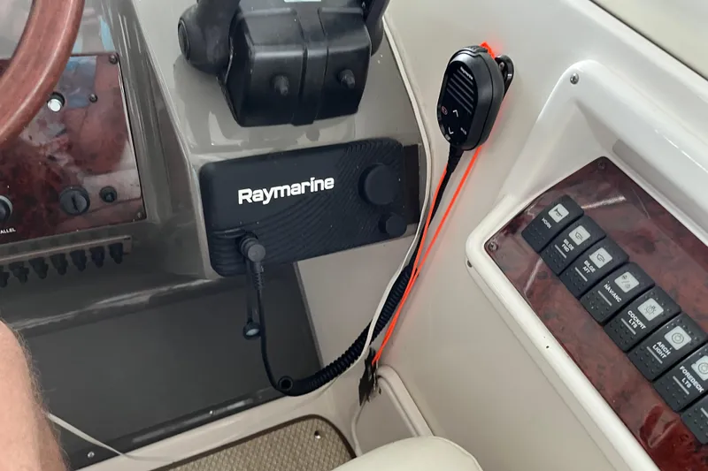 River Dancer Yacht Photos Pics 2007 Regal 3760 IB COMMODORE dashboard with Raymarine equipment and control panel.