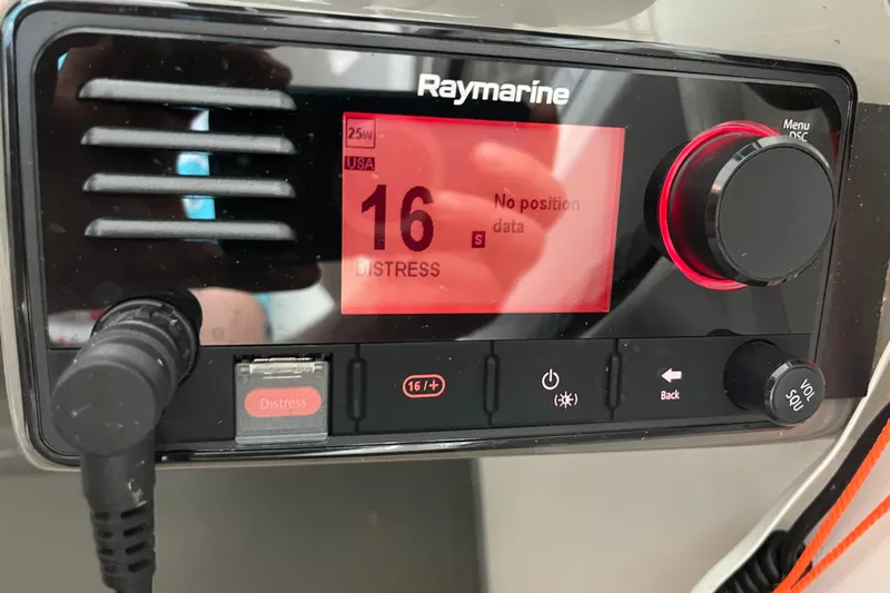 River Dancer Yacht Photos Pics Raymarine marine radio display on 2007 Regal 3760 IB COMMODORE, showing distress signal.