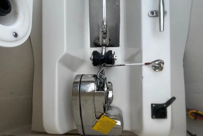 Equanimity Yacht Photos Pics 2021 Pursuit S 328 Sport boat anchor system with chrome finish and safety tag.