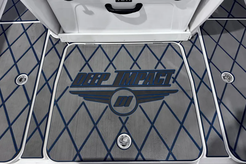  Yacht Photos Pics 2024 Deep Impact 399 Sport boat deck with logo and diamond pattern design.