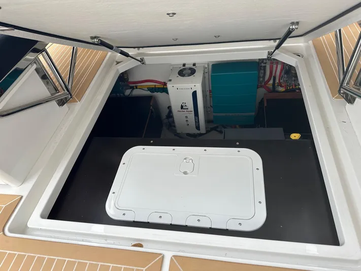 In-stock 2024 Nimbus T11 #258 Yacht Photos Pics Engine compartment of 2024 Nimbus Tender 11 #258 with open hatch.