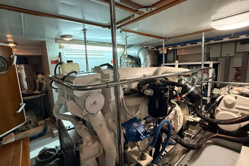 Ocean Osprey Yacht Photos Pics Engine room of a 2006 Selene 57 yacht, showcasing mechanical components and equipment.
