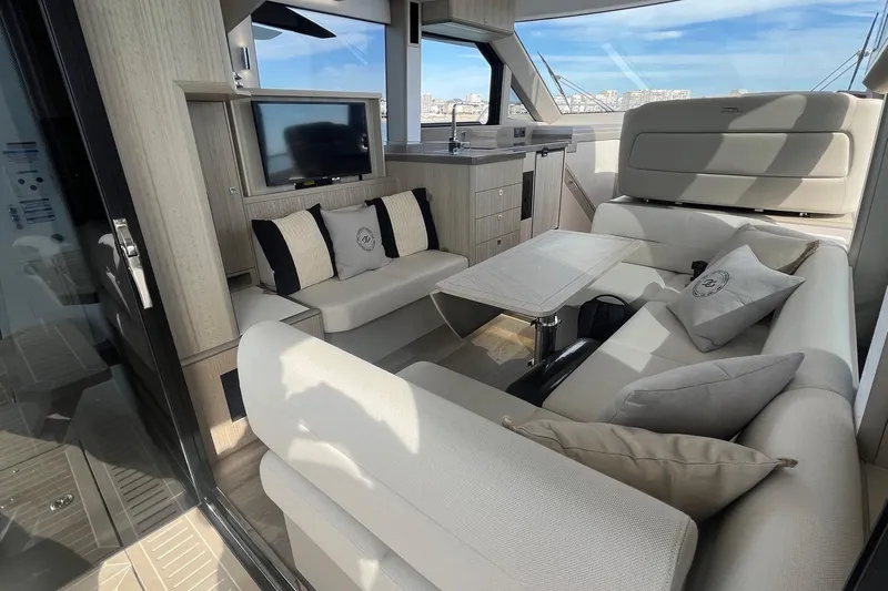  Yacht Photos Pics Luxurious interior of 2026 Galeon 400 Fly yacht with plush seating and modern amenities.